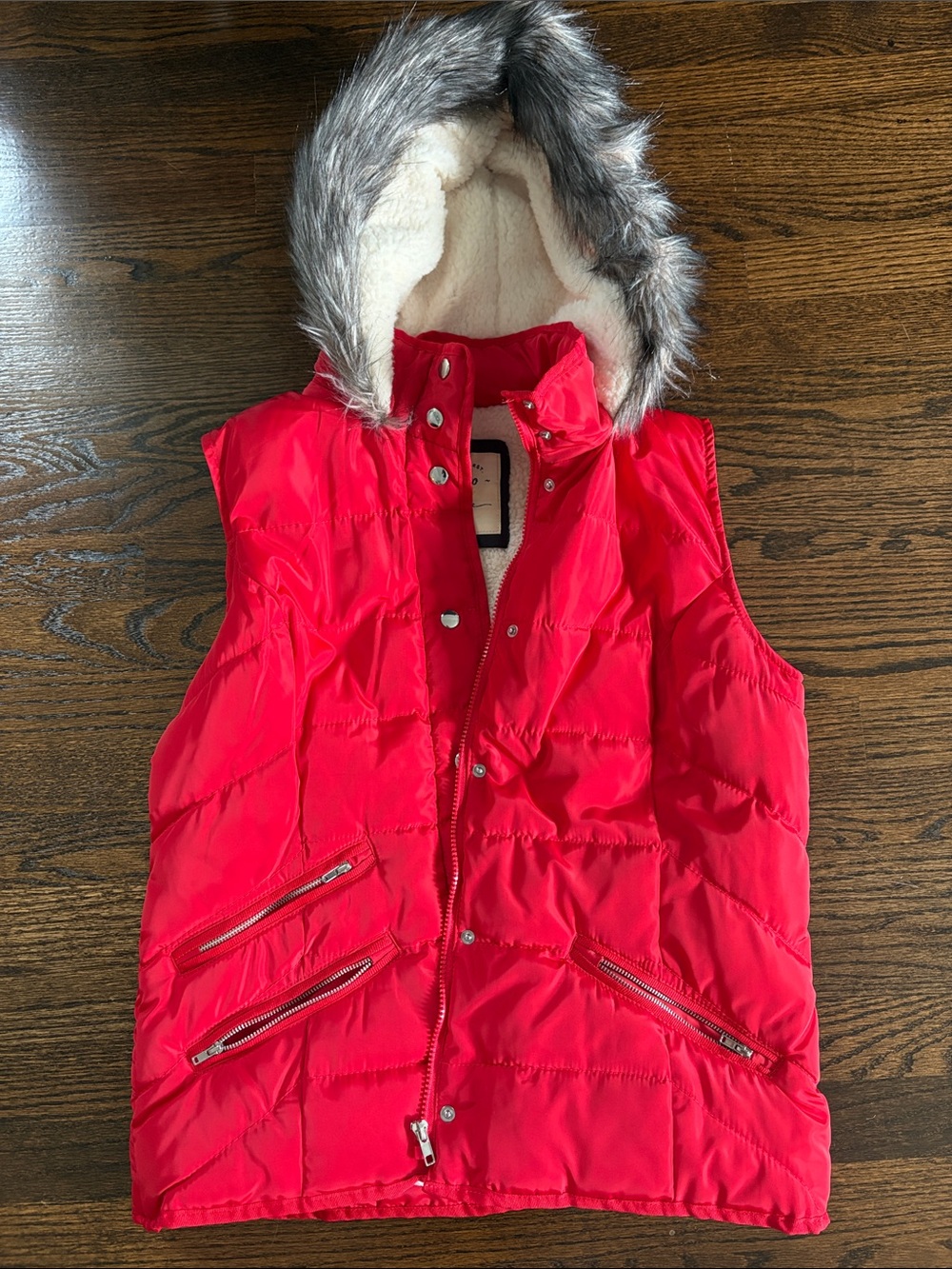 Ci Sono Bright Red Puffer Vest with Faux Fur Trim Hood
